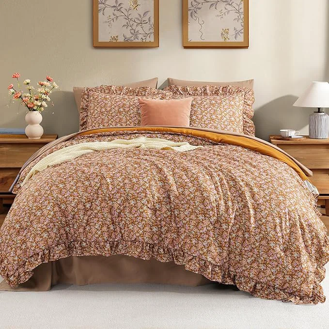High-Performance Full Comforter Set – 7 Pieces Ruffle Brown Floral Bedding Sets Shabby Chic Farmhouse Bed in a Bag with Ruffle Comforter Sheets Pillowcases amp Shams Durable