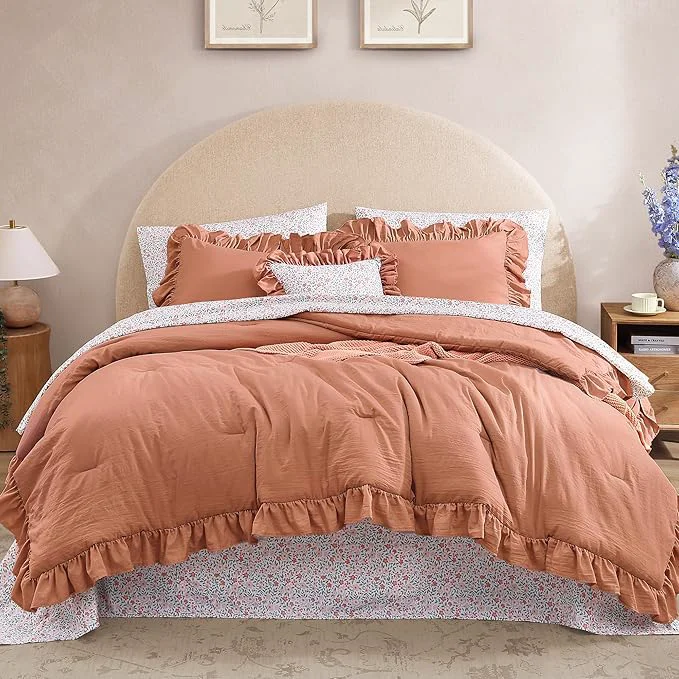 Powerful Full Comforter Set – 7 Pieces Ruffle Autumn Leaf Bedding Sets Shabby Chic Farmhouse Bed in a Bag Full with Ruffle Comforter Floral Sheets Pillowcases amp Shams Fast