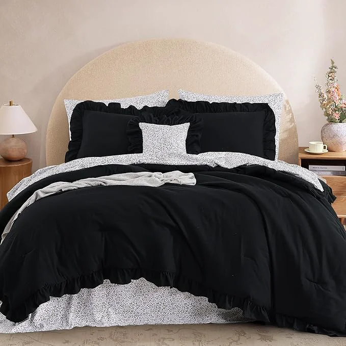 Innovative Queen Comforter Set – 7 Pieces Ruffle Black Bedding Sets Shabby Chic Farmhouse Bed in a Bag Queen with Ruffle Comforter Floral Sheets Pillowcases amp Shams Proven