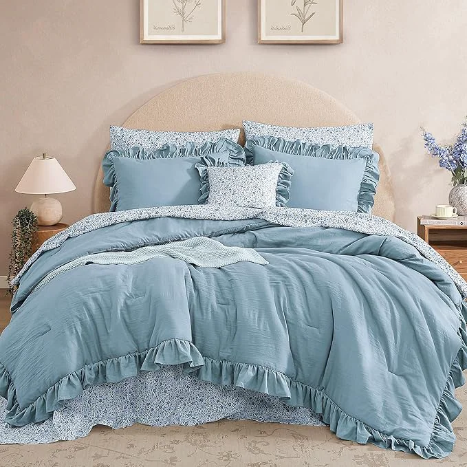 Exceptional Full Comforter Set – 7 Pieces Ruffle Blue Bedding Sets Shabby Chic Farmhouse Bed in a Bag Full with Ruffle Comforter Floral Sheets Pillowcases amp Shams Contemporary