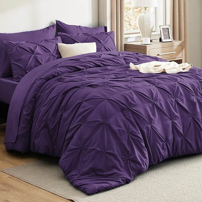Crafted Bedsure King Size Comforter Set Purple – Bed in a Bag Bedding Set 7 Pieces GentleSoft™ Pintuck Bed Set Gift for Family Pinch Pleat Purple Comforter with Sheets Pillowcases amp Shams Original