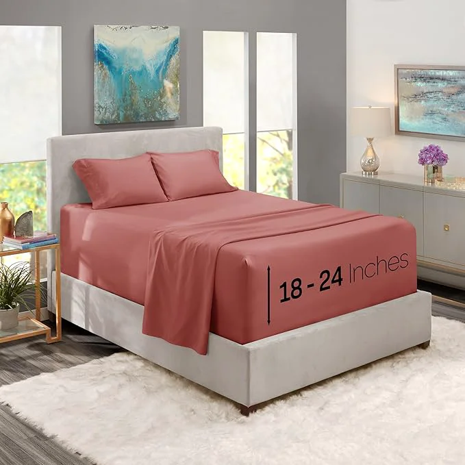 Environmentally Friendly Nestl Queen Size Sheet Set 4 Piece Extra Deep Pocket 18-24 inches Microfiber Cooling Hotel Luxury Soft Breathable Wrinkle- Easy to Care Pink Clay Secure
