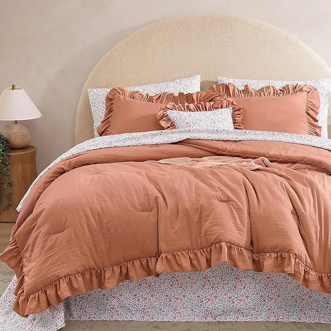 Next-Generation Queen Comforter Set – 7 Pieces Ruffle Autumn Leaf Bedding Sets Shabby Chic Farmhouse Bed in a Bag Queen with Ruffle Comforter Floral Sheets Pillowcases amp Shams Professional