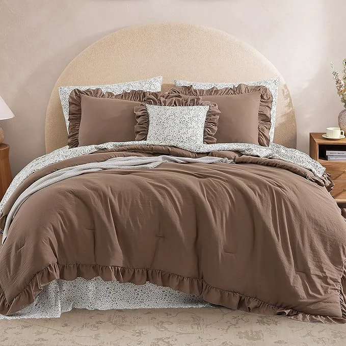 Classic Twin XL Comforter Set – 5 Pieces Ruffle Amber Brown Floral Bedding Sets Shabby Chic Farmhouse Bed in a Bag with Ruffle Comforter Floral Sheets Pillowcase amp Sham Powerful