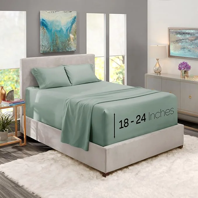 High-Performance Nestl Twin Size Sheet Set 4 Piece Extra Deep Pocket 18-24 inches Microfiber Hotel Luxury Soft Breathable Wrinkle- Easy to Care Sage Green New Enhanced
