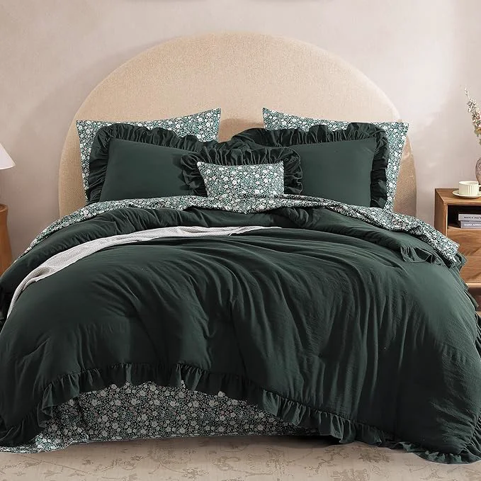 Safe Twin XL Comforter Set – 5 Pieces Ruffle Forest Green Floral Bedding Sets Shabby Chic Farmhouse Bed in a Bag with Ruffle Comforter Floral Sheets Pillowcase amp Sham Responsible