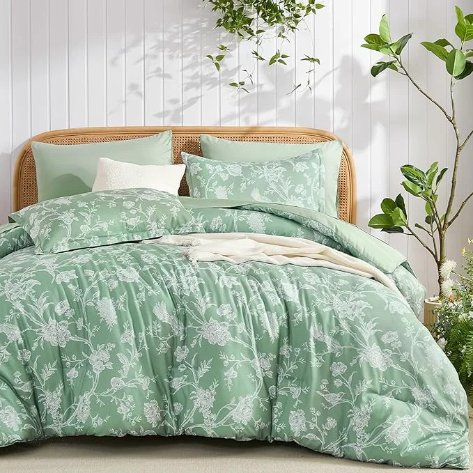 Natural Luxudecor Floral Comforter Set King Size 7 Pieces Green Flower with Bird Bed in a Bag Soft Reversible Comforter with Sheet Bed Set 104 quot x90 quot High-Grade