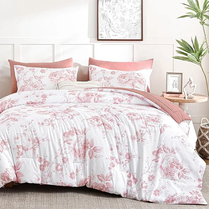 Powerful Luxudecor Floral King Comforter Set 7 Pieces Bed in a Bag Pink Rose Romantic Flower Bed Set Soft Reversible Comforter with Sheet Set 104 quot x90 quot Casual