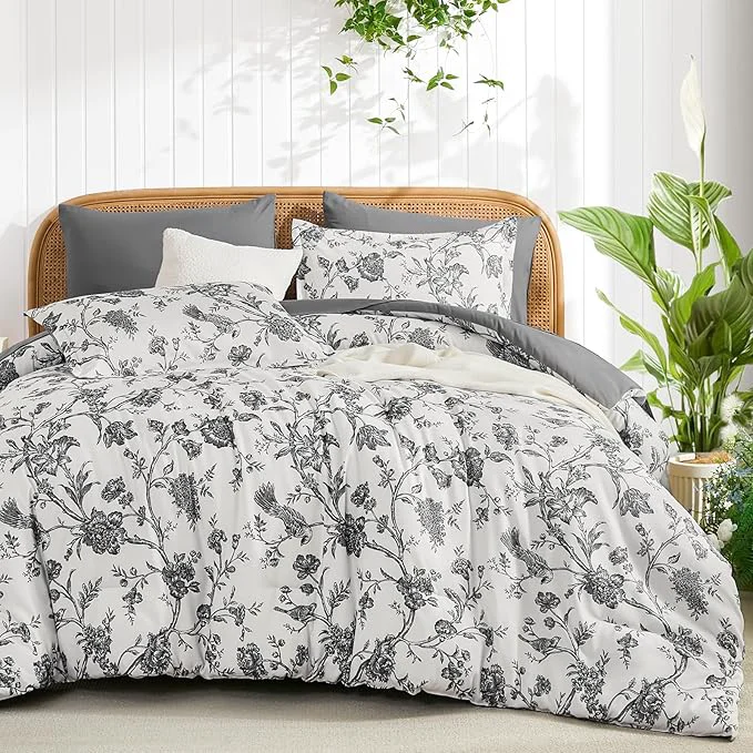 Safe Luxudecor Floral Comforter Set Queen Size 7 Pieces Dark Grey Flower with Bird Bed in a Bag Soft Reversible Comforter with Sheet Bed Set 90 quot x90 quot Fine Crafted
