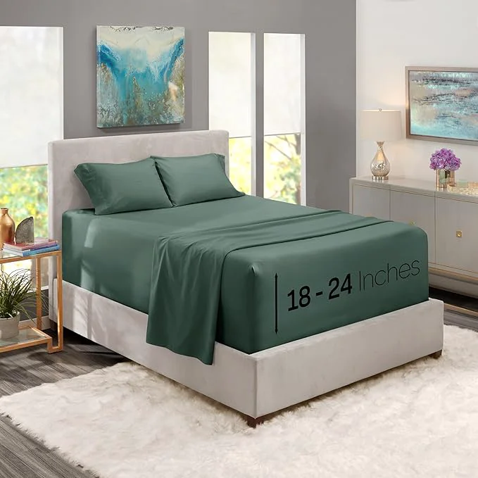 Organic Nestl California King Size Sheet Set 4 Piece Extra Deep Pocket 18-24 inches Microfiber Hotel Luxury Soft Breathable Wrinkle- Easy to Care Forest Green Official
