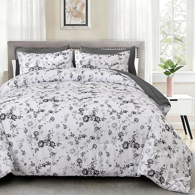 Eco-Friendly Luxudecor Floral Queen Comforter Set 7 Pieces Bed in a Bag Black Rose Romantic Flower Bed Set Soft Reversible Comforter with Sheet Set 90 quot x90 quot Traditional