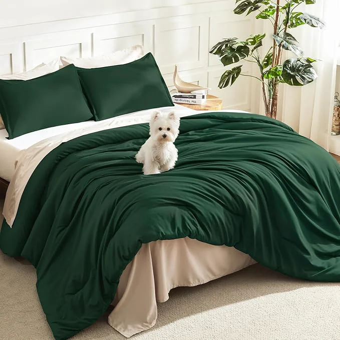 Environmentally Friendly Litanika Dark Emerald Green King Comforter Set 3 Pieces Solid Forest Bedding Set All Season Fluffy Bed Set 104x90In Comforter amp 2 Pillowcases Responsible