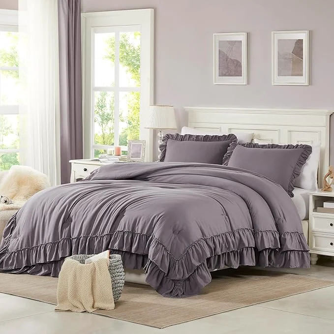 Traditional Cupocupa Purple Pink Comforter Set 3Pcs Comforters Queen Size Ruffle Farmhouse Bedding Sets Queen with Comforter Lightweight Soft Shabby Chic Bedding Comforter Set Fluffy for All Season Natural