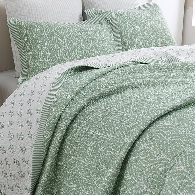 Genuine SahSahCasa Quilt Set King Size Cotton Quilt Bedding Set Bedspread Botanical Pattern Solid Color Chic Lightweight Quilted Comforter for King Bed White Green All Season 3 Pieces Contemporary