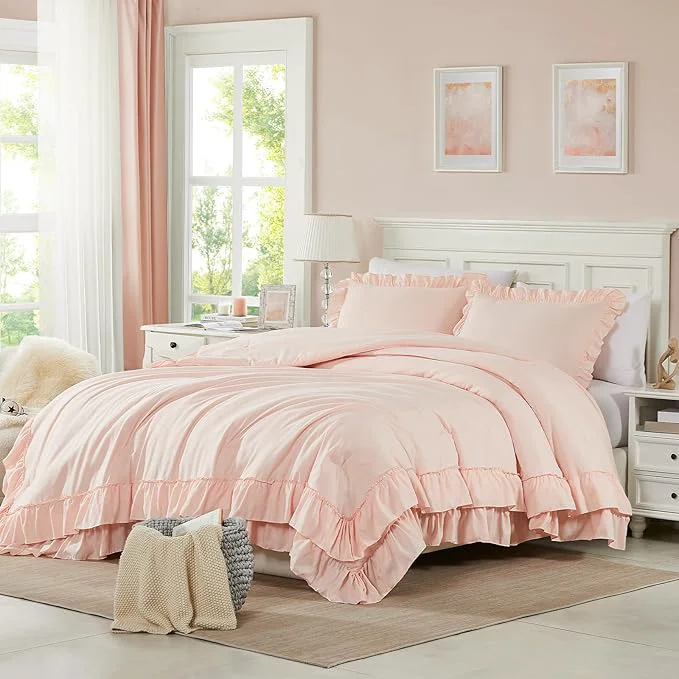 Original Cupocupa Beige Comforter Set – Twin XL Ruffle Farmhouse Bedding Set – Shabby Chic Fluffy Comforter for All Seasons – Includes Comforter amp 1 Pillow Sham Blush Twin XL Twin Versatile