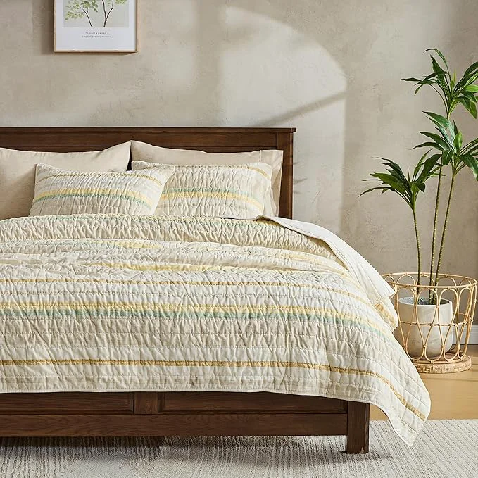 Long-Lasting Wonderful Cotton Quilt Set Queen Size Striped Fall Bedding Natural Dyed Cozy amp Breathable Coverlet Soft Pre-Washed Bedspread Light Yellow Green Quality