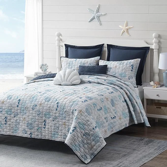Trusted Wonderful Cotton Coastal Quilt Set King Size Shell Stitched Quilting Reversible Cotton Bedding Cover with 2 Shams Nautical Beach Lightweight Bedspreads Coverlet Summer Bedding 106 quot x94 quot Smooth