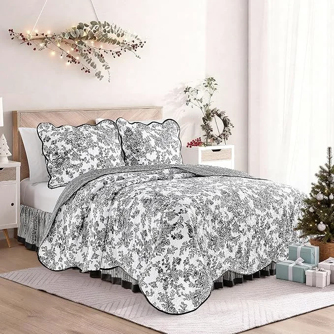 Exceptional Wonderful Cotton Black Floral Quilt Set Twin Size Bedding Sets with Pillow Sham and Bed Skirt 3 Pieces Floral Bedspread Coverlet Set Quilted Blanket Bed Cover for All Season 66 quot x86 quot Easy-to-Use