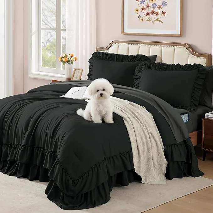 High-Quality King Size Comforter Set Black Ruffle Shabby Chic Bedding Set Farmhouse 7 Pieces All Season Fluffy Bed in a Bag with Sheets Pillowcases amp Shams Responsible