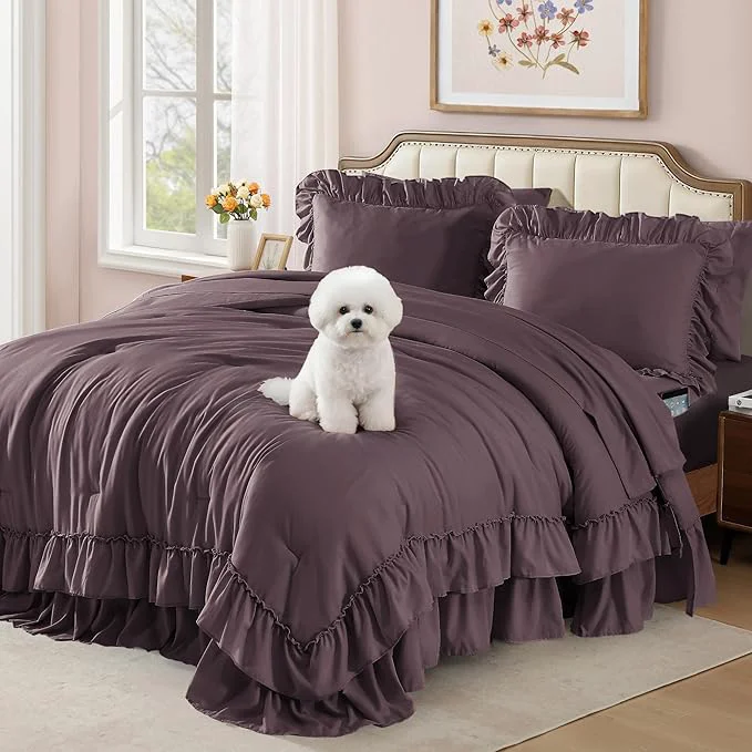 Unique Queen Comforter Set Dark Purple Ruffle Shabby Chic Bedding Set Farmhouse 7 Pieces All Season Fluffy Bed in a Bag with Sheets Pillowcases amp Shams Safe
