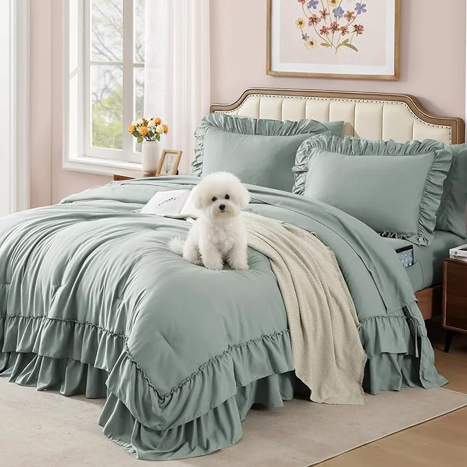 Clean Queen Comforter Set Sage Green Ruffle Shabby Chic Bedding Set Farmhouse 7 Pieces All Season Fluffy Bed in a Bag with Sheets Pillowcases amp Shams Safe