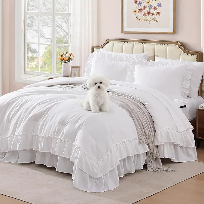 Elite Queen Comforter Set White Ruffle Shabby Chic Bedding Set Farmhouse 7 Pieces All Season Fluffy Bed in a Bag with Sheets Pillowcases amp Shams Reliable
