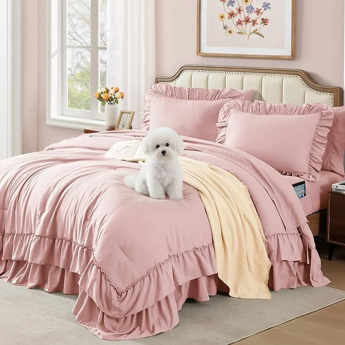 Professional King Size Comforter Set Soft Pink Ruffle Shabby Chic Bedding Set Farmhouse 7 Pieces All Season Fluffy Bed in a Bag with Sheets Pillowcases amp Shams Unique