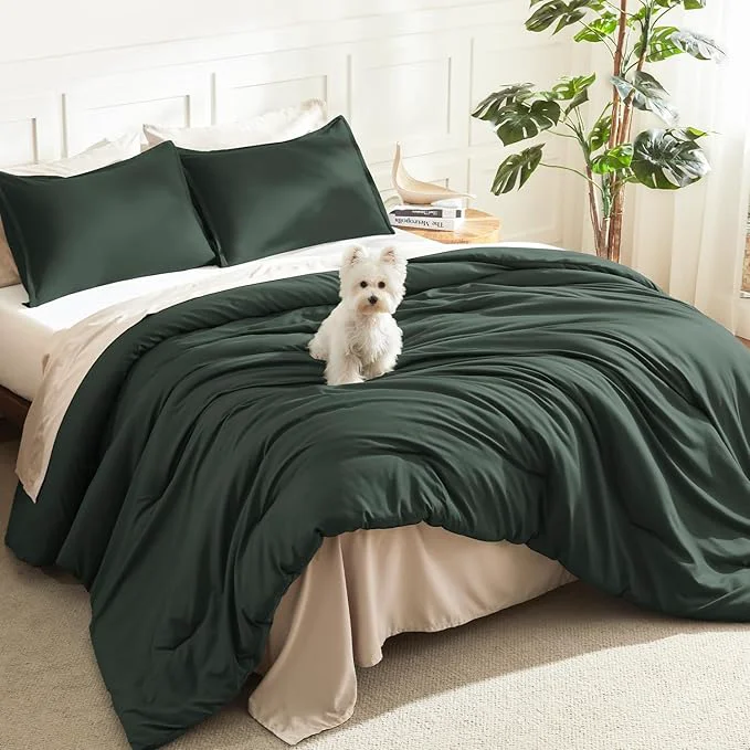 Minimalist Litanika Forest Green Oversized King Comforter Set Super King Plus Size 3 Pieces Lightweight Solid Bedding Comforter Set All Season Fluffy Bed Set 128x120In Comforter amp 2 Pillowcases