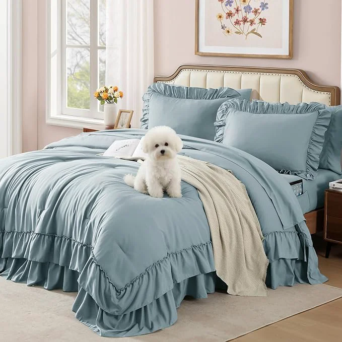 Original Full Comforter Set Dusty Blue Ruffle Shabby Chic Bedding Set Farmhouse 7 Pieces All Season Fluffy Bed in a Bag with Sheets Pillowcases amp Shams Proven