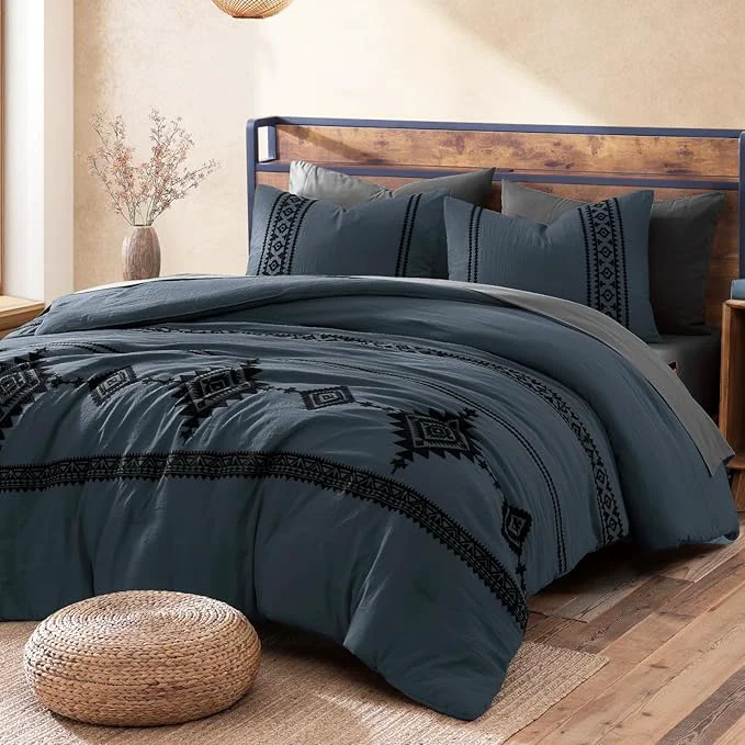 Sustainable MaiRêve California King Comforter Set Blue Grey Embroidery Western Bedding Set Boho 7 Pieces Farmhouse All-Season Bed in A Bag with Sheets Pillowcases amp Shams Elite
