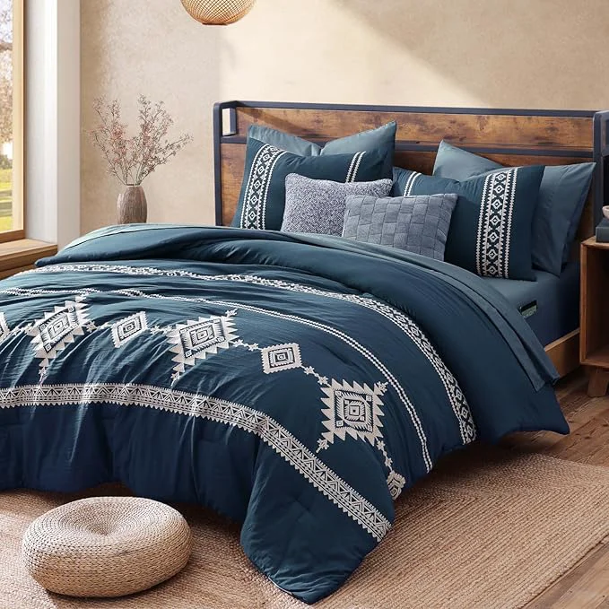 Responsible MaiRêve Embroidery Full Size Comforter Set Navy Blue Farmhouse Western Boho Bedding Set 7 Pieces All Season Bed in A Bag Comforter Set with Sheets Pillowcases amp Shams Elegant