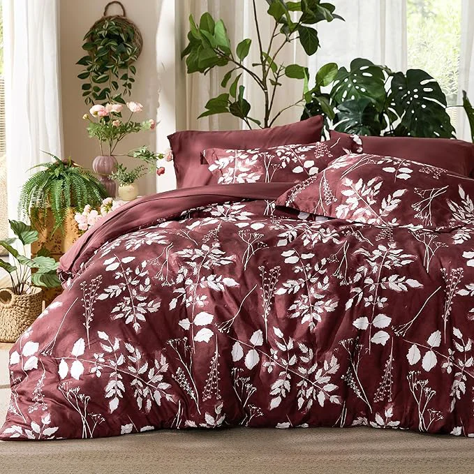 Specialty Bedsure Queen Comforter Set – 7 Pieces Floral Burgundy Soft Bedding Sets Queen Bed in a Bag with Botanical Flowers Comforter Sheets Pillowcases amp Shams Professional