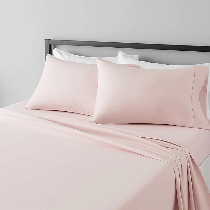 Fashionable Amazon Basics Lightweight Breathable Wrinkle Resistant Microfiber 4-Piece Bed Sheet Set with 14-Inch Deep Pockets Full Blush Pink Solid Eco-Friendly