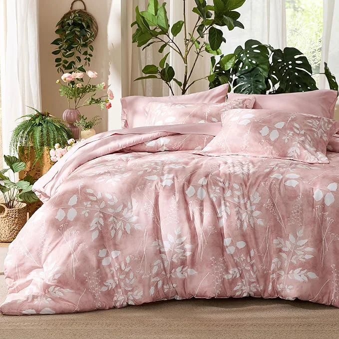 First-Class Bedsure King Size Comforter Set – 7 Pieces Floral Pink Soft Bedding Sets King Bed in a Bag with Botanical Flowers Comforter Sheets Pillowcases amp Shams Advanced