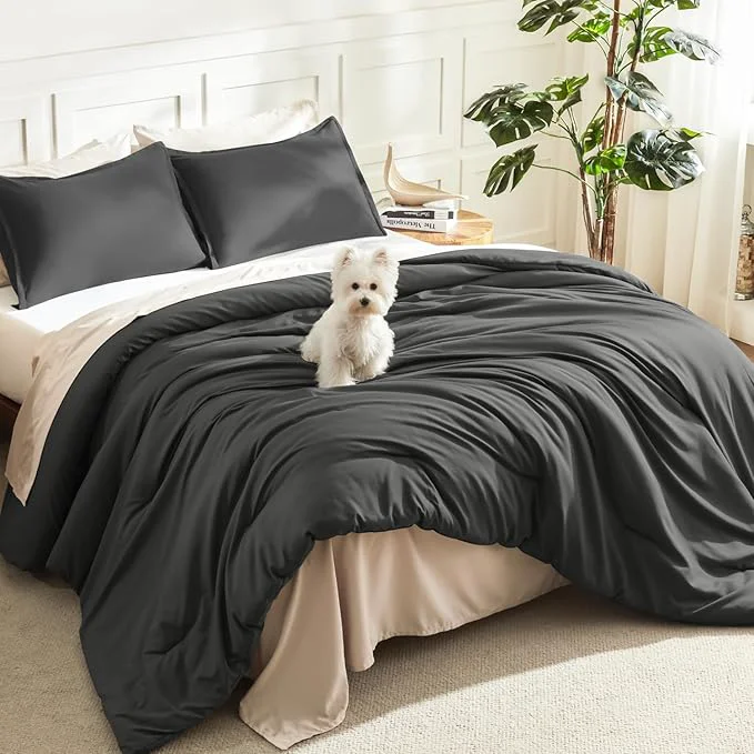 Traditional Litanika Grey Comforter Queen Size Set Dark Gray Lightweight Plain Bedding Comforters Sets All Season Fluffy Bed Set 90x90In Comforter amp 2 Pillowcases Advanced