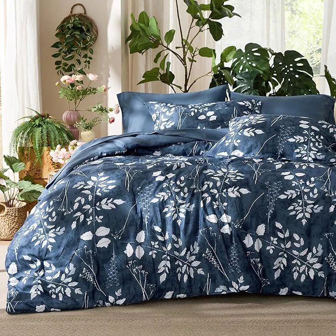 Pure Bedsure King Size Comforter Set – 7 Pieces Floral Navy Soft Bedding Sets King Bed in a Bag with Botanical Flowers Comforter Sheets Pillowcases amp Shams Professional
