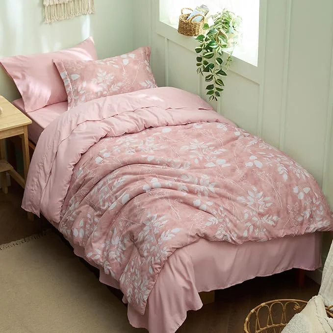 Premium Material Bedsure Pink Twin XL Comforter Set – 5 Pieces Floral Bedding Sets Twin XL Bed in a Bag with Reversible Botanical Flowers Comforter Sheets Pillowcase amp Sham Modern