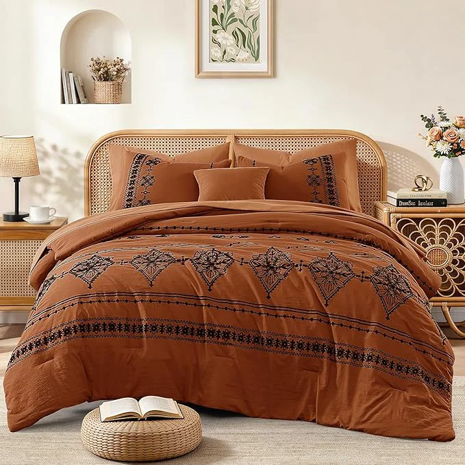 Original Design MaiRêve King Size Comforter Set Burnt Orange Embroidery Floral Western Boho Bedding Set All Season 7 Pieces Bed in a Bag with Sheets Pillowcases amp Shams Minimalist