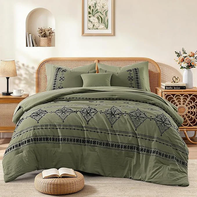 Healthy MaiRêve King Size Comforter Set Olive Green Embroidery Floral Western Boho Bedding Set All Season 7 Pieces Bed in a Bag with Sheets Pillowcases amp Shams Practical
