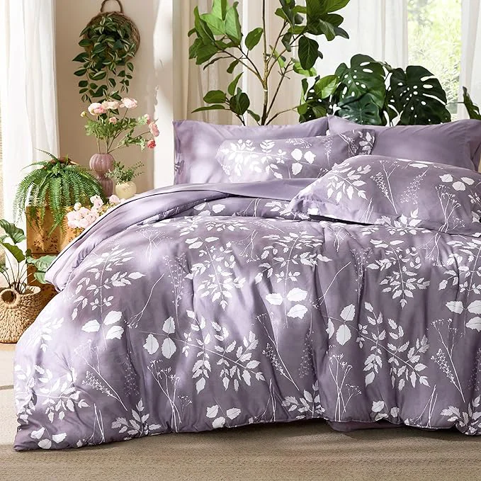 High-End Bedsure Grayish Purple King Comforter Set – 7 Pieces Floral Bedding Sets King Bed in a Bag with Reversible Botanical Flowers Comforter Sheets Pillowcases amp Shams Carefully Designed