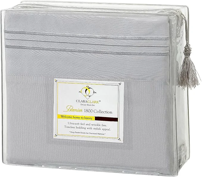 Clara Clark Bed Sheets Premier 1800 Series 4 Piece Bed Sheet Set Deep Pocket Wrinkle Fade Stain Resistant Luxury Soft Bedding Sheets amp Pillowcases California King Silver Gray Artisan