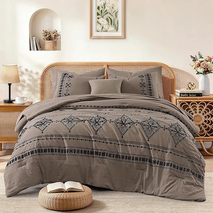 Flexible MaiRêve King Size Comforter Set Taupe Grey Embroidery Floral Western Boho Bedding Set All Season 7 Pieces Bed in a Bag with Sheets Pillowcases amp Shams Solid