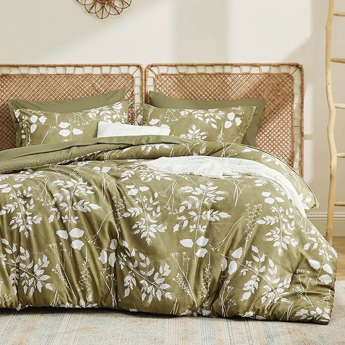 Refined Bedsure Queen Comforter Set – 7 Pieces Floral Olive Green Soft Bedding Sets Queen Bed in a Bag with Botanical Flowers Comforter Sheets Pillowcases amp Shams Organic