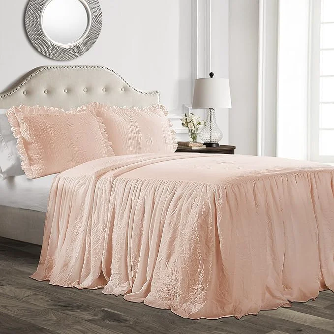 Fast Lush Decor Ruffle Skirt Bedspread Set – 3-Piece Luxurious Farmhouse Bedding – Elegant Ruffle Detail – Timeless Style – Soft Lightweight Sheets – King Blush Breathable