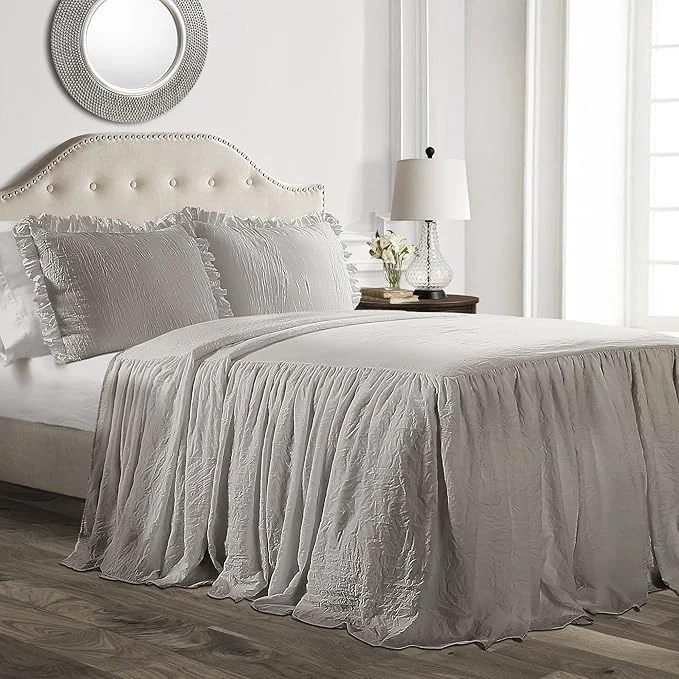 Trusted Lush Decor Ruffle Skirt Bedspread Set – 3-Piece Luxurious Farmhouse Bedding – Elegant Ruffle Detail – Timeless Style – Soft Lightweight Sheets – King Grey Premium