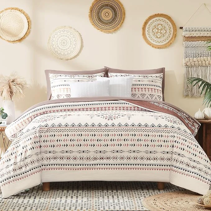 Geniospin Queen Comforter Set – 7 Pieces Reversible Bedding Set Boho Bed in A Bag Lightweight Soft Aztec Bedding All Season Bed Comforter Set with Sheets Pillowcases amp Shams High-Quality