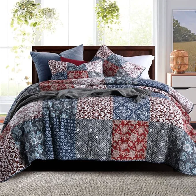 Genuine Secgo King Size Comforter Set- Cotton Quilt King Size Set Burgundy bedspreads 96 108 Inch with 2 Pillow Shams Patchwork Reversible Lightweight Bedding Verified