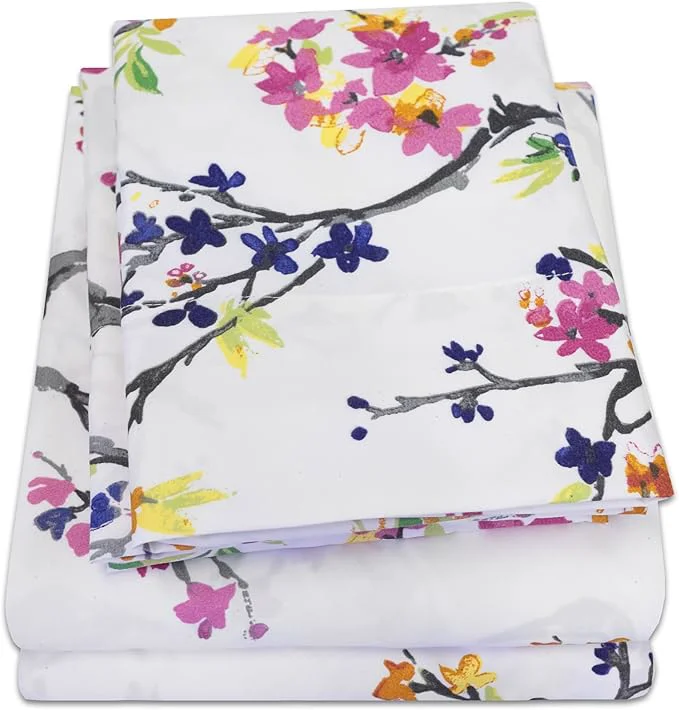 Sustainable 1500 Supreme Collection Extra Soft Botanical Bright Whimsical Watercolor Pattern Sheet Set Full – Luxury Bed Sheets Set with Deep Pocket Wrinkle Bedding Printed Pattern Full