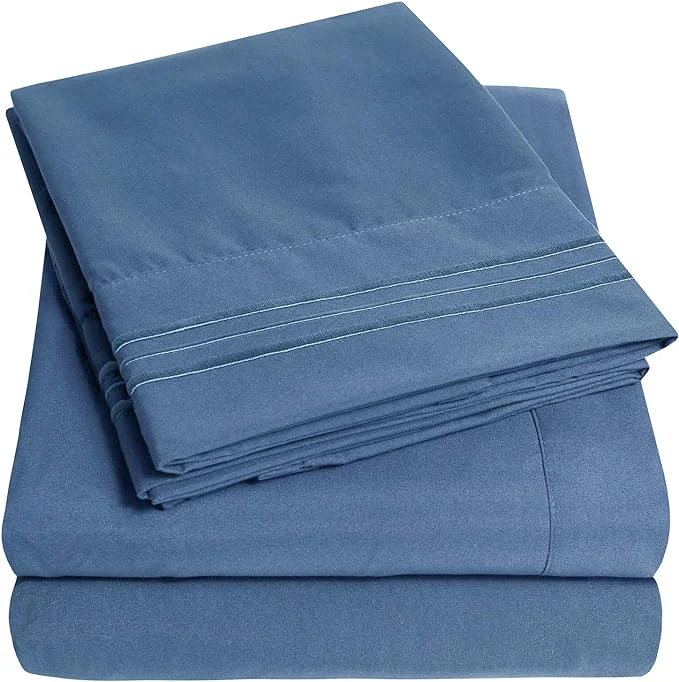 Relaxed 1500 Supreme Collection California King Sheet Sets Denim Blue – Luxury Hotel Bed Sheets and Pillowcase Set for California King Mattress – Extra Soft Elastic Corner Straps Deep Pocket Sheets Denim Convenient