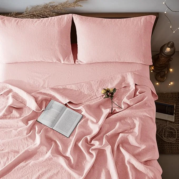 Official LBRO2M Pure Linen Sheet Set Deep Pocket Up to 16 quot Bed Sheets Sets Natural Flax Beddings Soft Breathable Comfortable for All Seasons 4 Pcs Sheet Set California King Size Blush Pink Selected